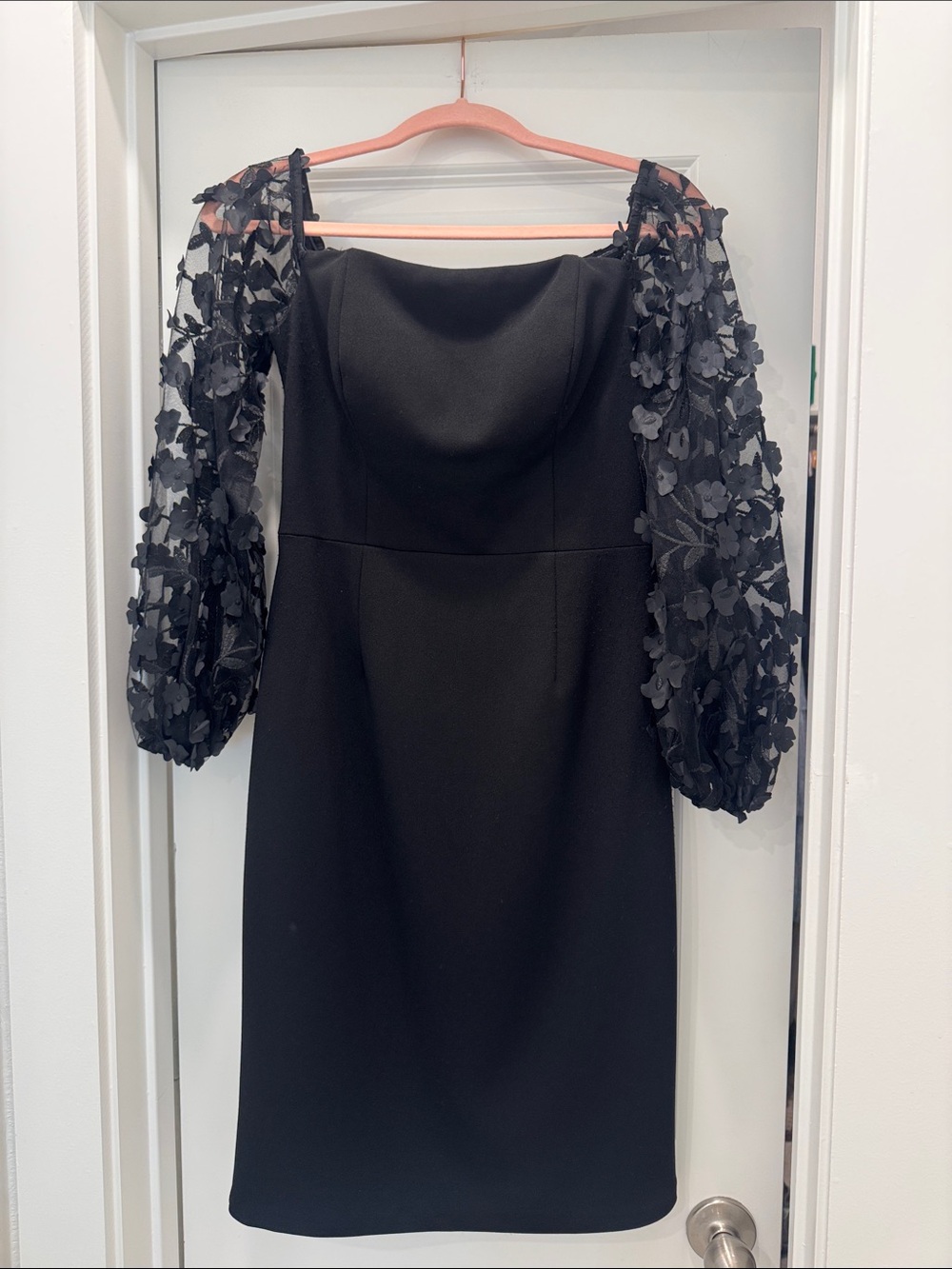 Eliza J Black Midi Dress with Floral Appliqué Puff Sleeves